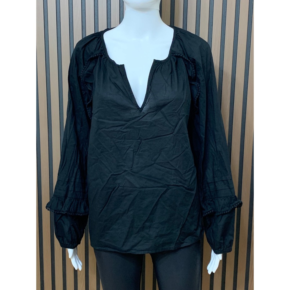 J.Crew Women's Black Cotton Ruffle V-Neck Peasant Blouse Top L Classic Boho